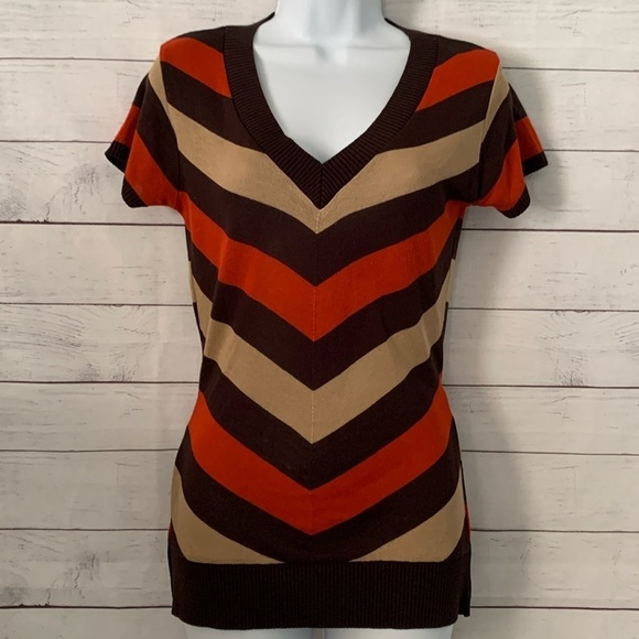 Vintage Striped V-Neck Capped Sleeve Sweater - Picture 1 of 8